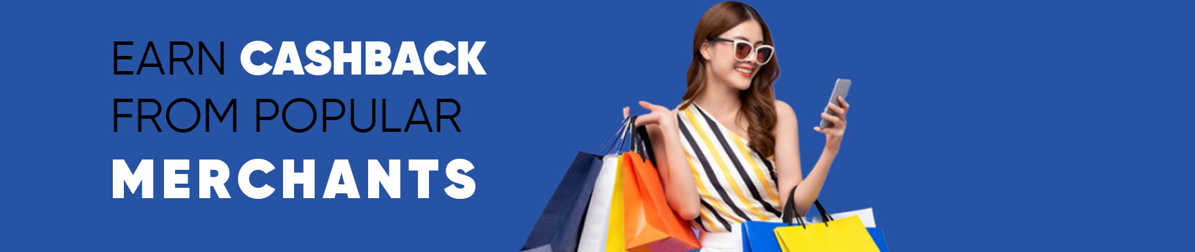 A picture of a woman with sunglasses carrying a shopping bag. To her left are the words 'Earn cashback with popular merchants on Alumni NET Cashback.